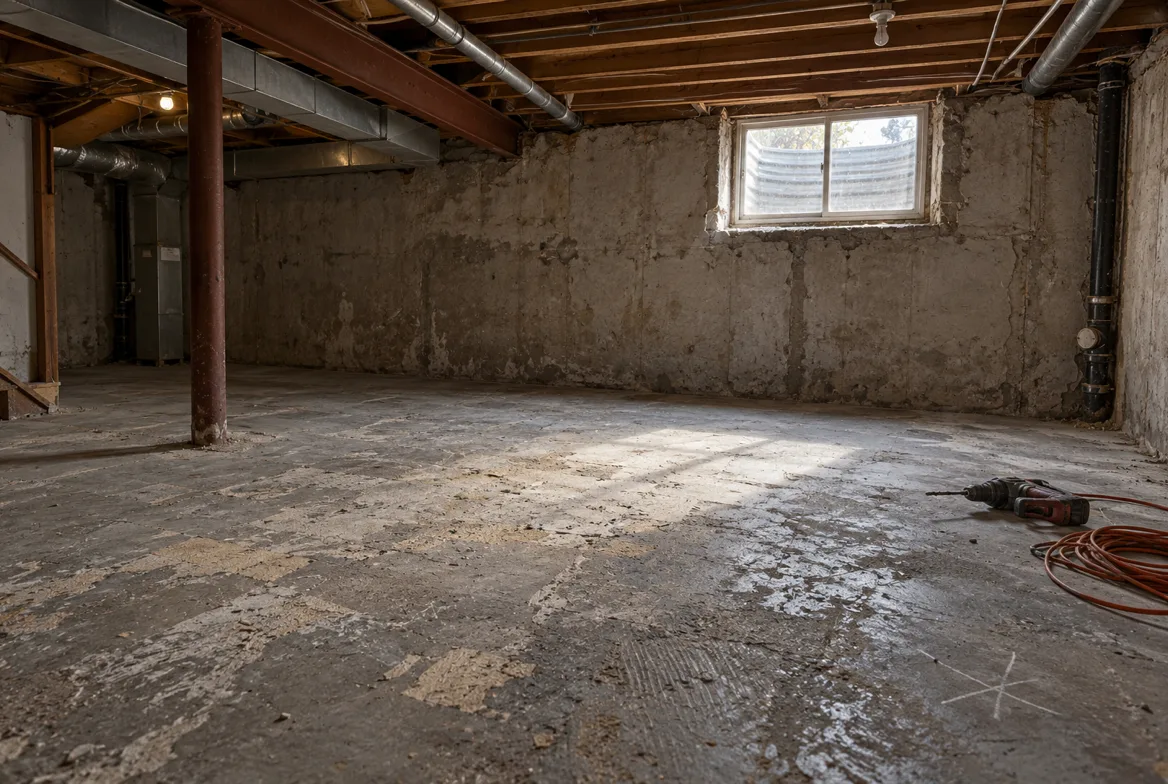 Worn concrete basement slab before new flooring