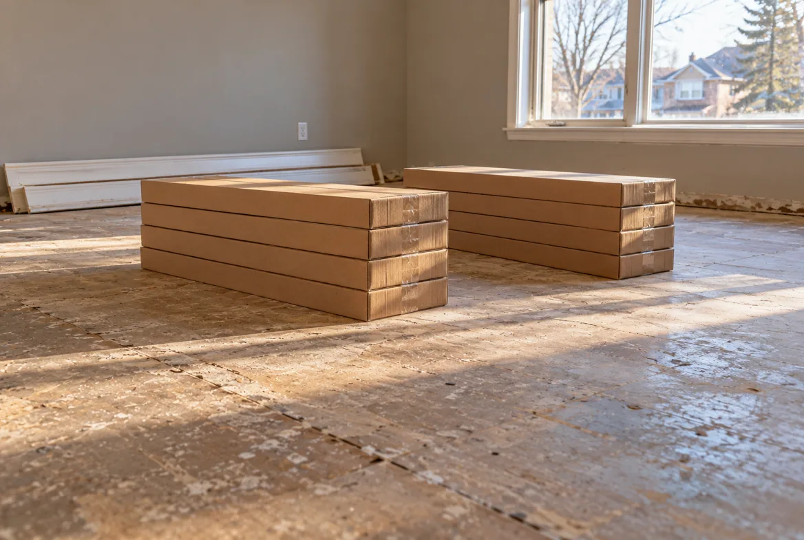 Boxes of vinyl plank acclimating on a bare subfloor