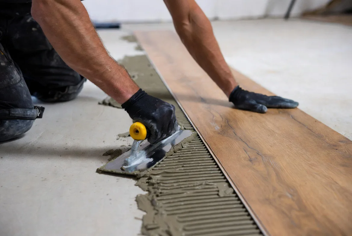 Installer fitting resilient flooring on site