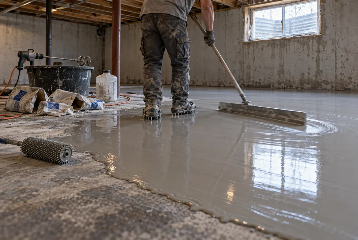 Installer smoothing self-levelling compound across a basement slab